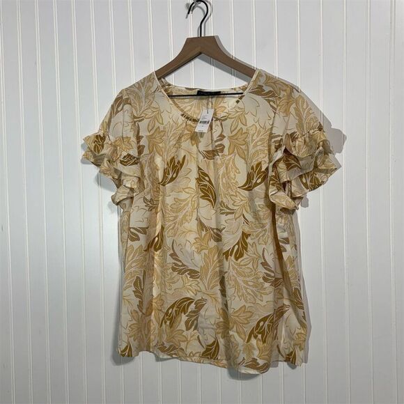 NWT Lane Bryant Blouse 16 Plus Ruffle Sleeve Gold Leaf Floral Boho Western Top - Picture 1 of 11
